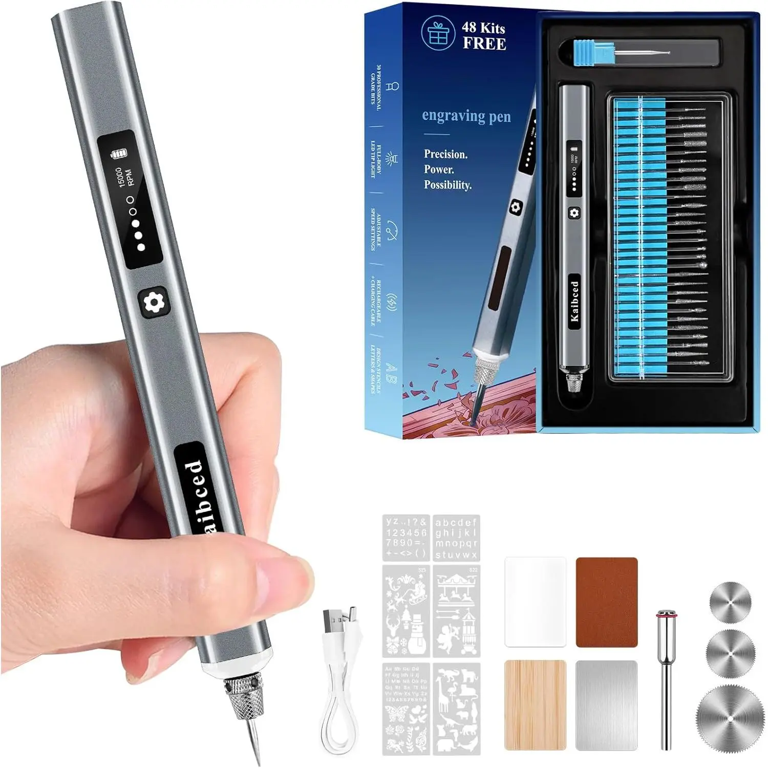 Engraving Pen with 48 Kits & LED Screen, 5-Speed Engraver Pen for, Wood,, & All, USB Craft Gift for Teens, Adults and Beginners (Silver)