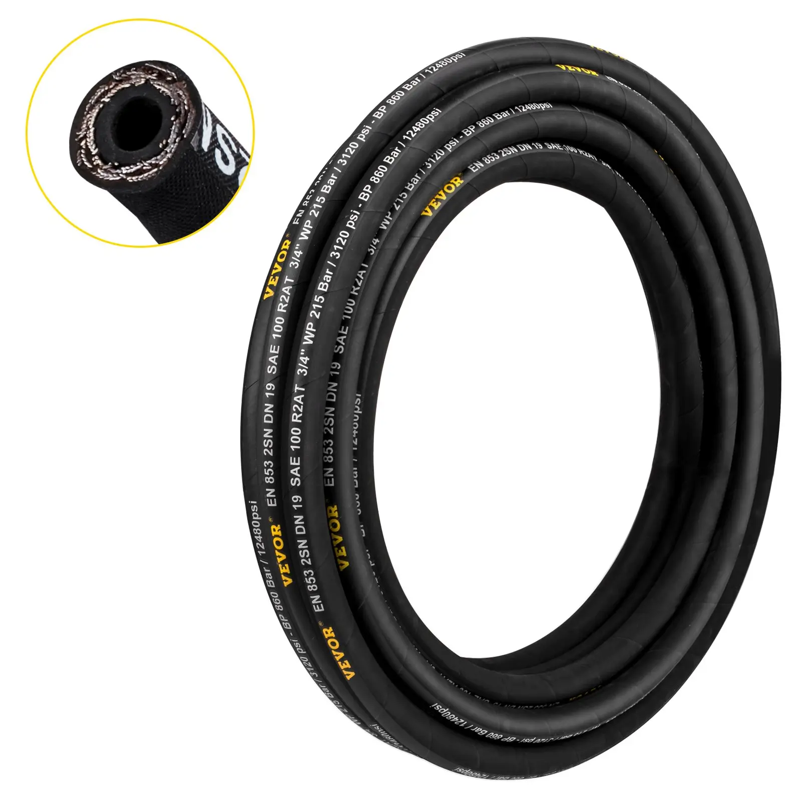 VEVOR Hydraulic Hose 3/8 inchx 50 ft, Coiled Hydraulic Hose 4800 PSI, Rubber Hydraulic Hose with 2 High-Tensile Steel Wire Braid, Bulk Hydraulic Hose -20 to 140, Hydraulic Oil Flexible Hose