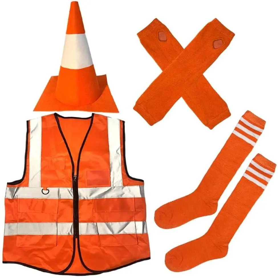 4-Piece Traffic Cone Halloween Costume Set for Adults - Orange Construction Cone Hat, Reflective Vest, Gloves & Socks, Men Women Party Outfit(Gift)