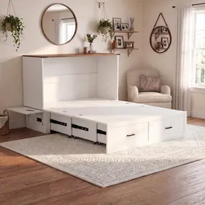 Full Size Murphy Chest Bed, Farmhouse Wood Space-Saving Hidden Folding Bed Chest with Drawer & Charging Station & Multifunctional Storage Cabinet Bed for Bedroom & Office