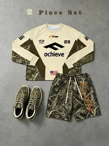 Men's American Racing Camo Long Sleeve Top + Drawstring Shorts Set, Vintage Streetwear Y2K Style, Usa Flag Print, Unisex Fitness