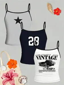 3-piece set of vintage printed camisoles for girls, featuring stars, number 28, and vintage car patterns with thin shoulder straps and sleeveless tops, available in gray, navy blue, and white, suitable for girls and teenagers