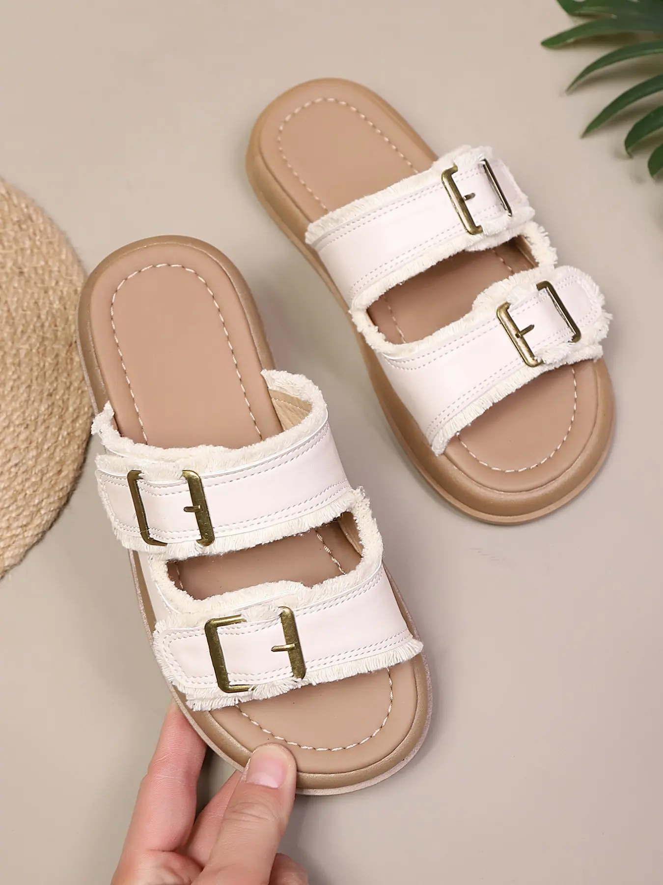 Girls' Retro Fringe Dual Metal Buckle Sandals, Adjustable Soft Sole Non-Slip Flip Flops, Summer Beach Vacation Shoes for Kids