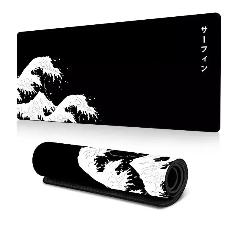 Black White Japanese Great Wave Large Extended Gaming Mouse Pad, Diatom Mud Base with Fabric Top, Stylish Desk Mat for Gaming & Office, Japanese Art Computer Accessory