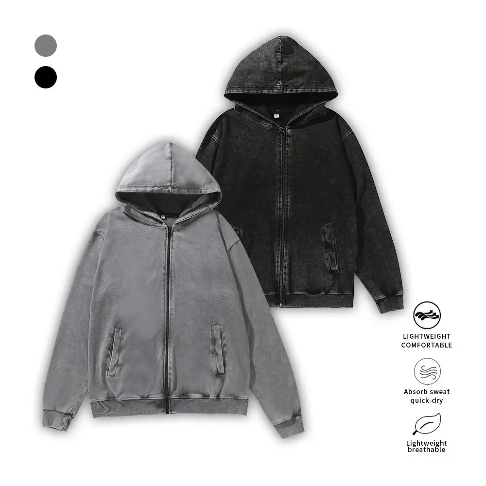 2-Piece Set Vintage Washed  Zip Up Hoodie Oversized Distressed Full Zip Hooded Jacket Men Streetwear