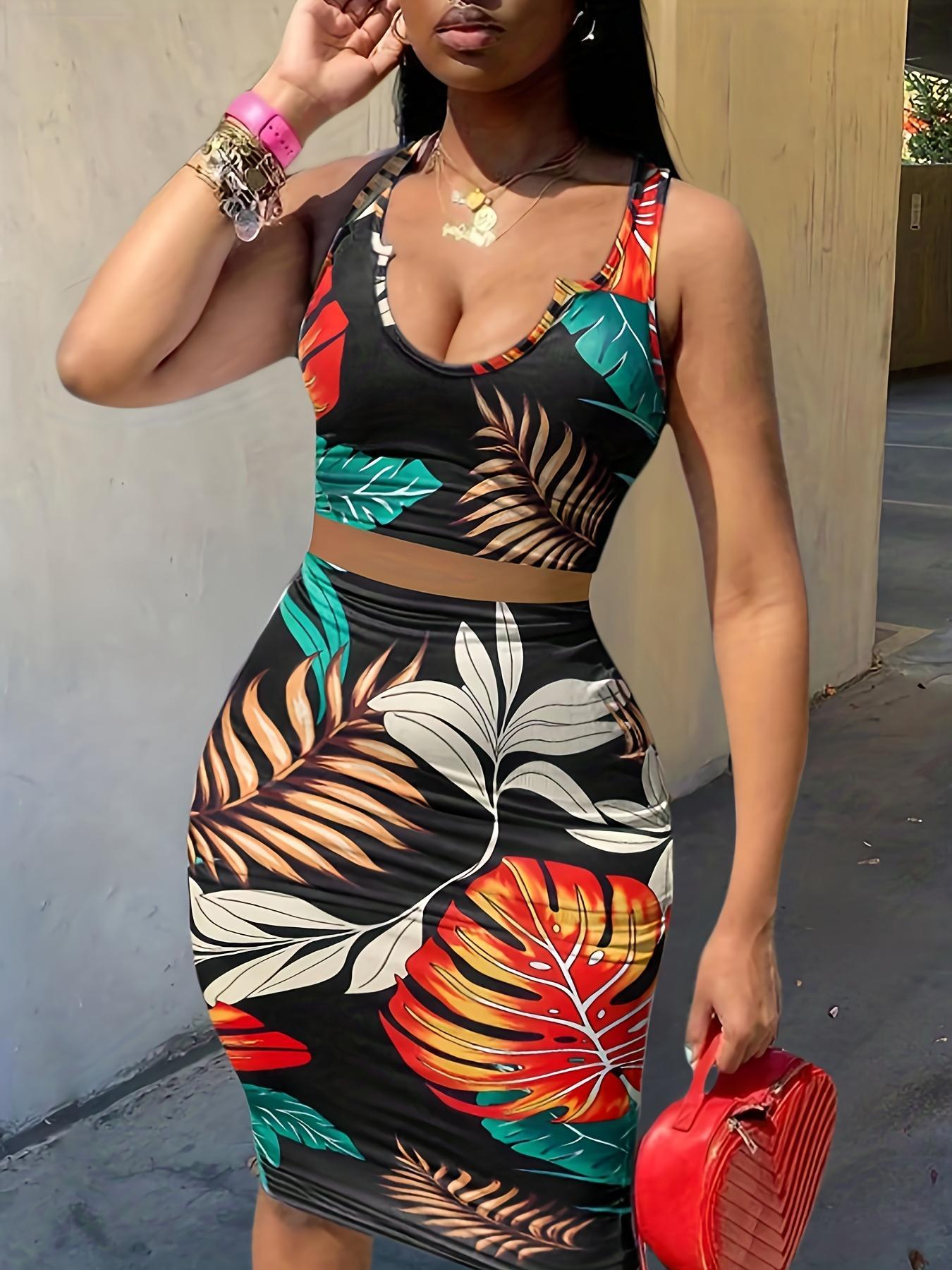 Women's Floral Print Slim Fit Sleeveless Two-Piece Set, Stylish Summer with Elegant Plant Detail, Perfect for Daily Outings, Womenswear
