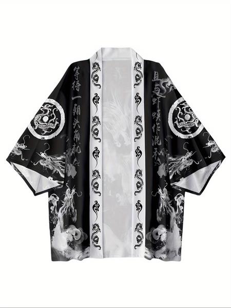 Men's Hanfu Open Front Cardigan, Loose Fit Lightweight Breathable Kimono Style Shirt, Japanese Dragon Print Streetwear Casual Wear