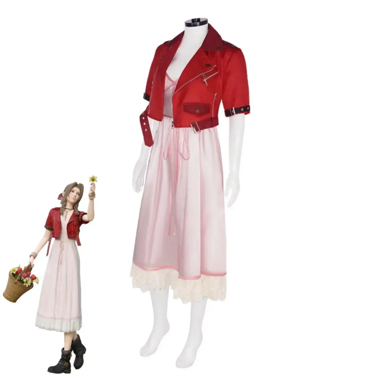 Game Final Fantasy VII Remake Aerith Gainsborough Cosplay Costume Red Coat Pink Dress Wig Woman Sexy Carnival Christmas Suit