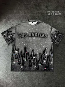 Flame print short sleeved Round Neck T-shirt for men, los angels letter geometric shirt for summer unisex wear, Casual summer tees, European American Streetwear casual short sleeved