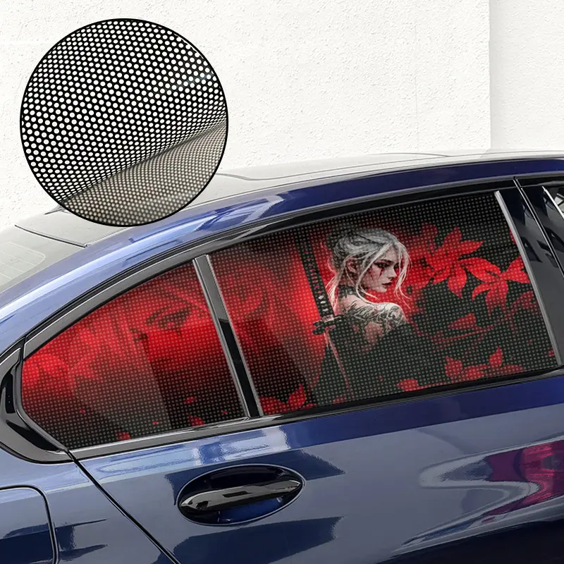 1/2PCS Samurai Girl Car Rear Side Window One-Way Mesh Window Decal—Anime-Themed Decorative Sticker—One-Way Visibility for Privacy, Car Privacy Protector, UV Protection, and Light Blocking—Customizable and Cut-to-Size Window Film