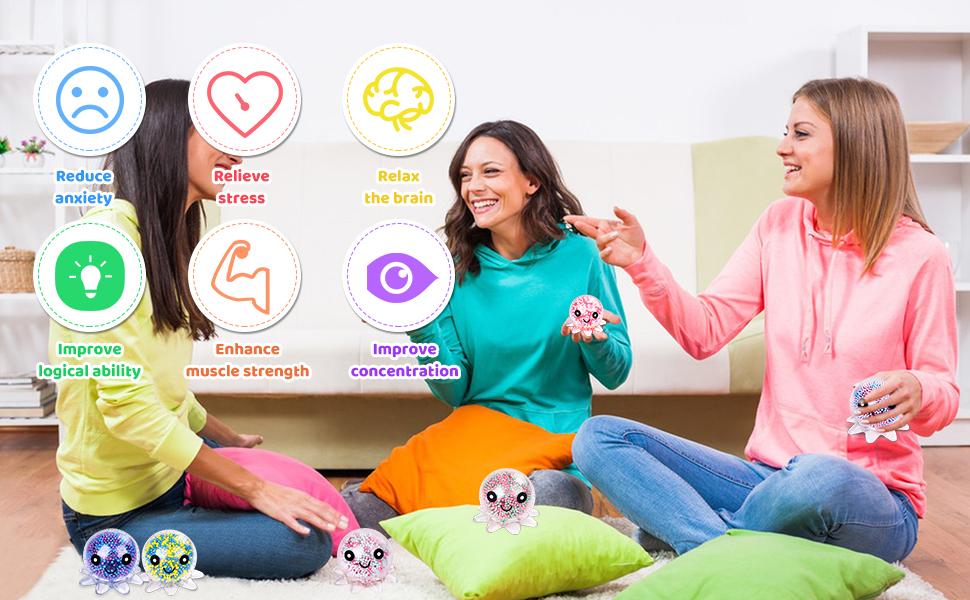 12 Pack Fidget Stress Balls for Adults, Cute Octopus Stress Relief Stress Ball, Bulk Squishy Squeeze Ball Set and Birthday Party Favors