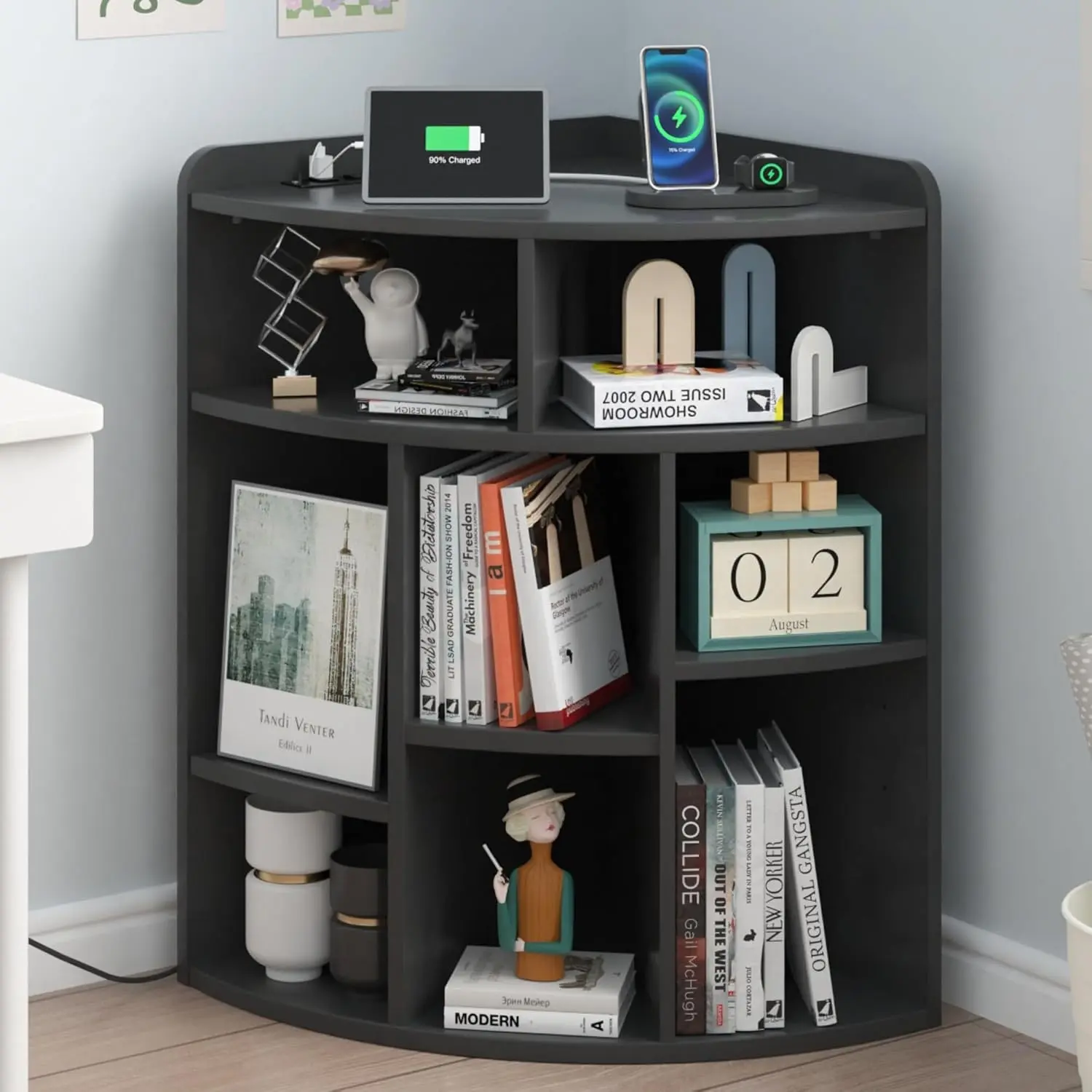 Corner Cube Shelf with USB Ports & Outlets, Modern Corner Toy Storage Rack with Adjustable Shlef, Wooden Display Bookshelf Bookcase for Living Room, Bedroom, Dining Room, Kitchen, Black
