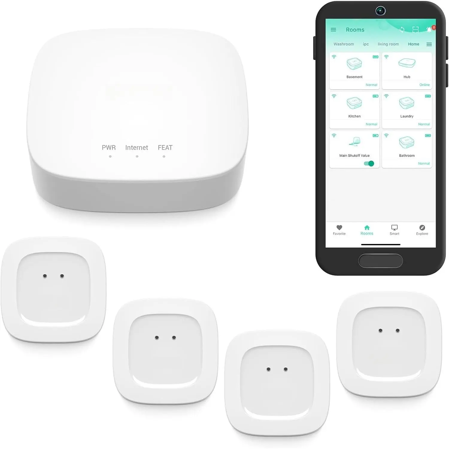 Water Leak Starter Kit: Hub + 4 Leak Sensor 1 (Silent), LoRa Long-Range, App/SMS/Email , D2D Offline Triggers, 2 AAA Up to 5-Year , Compatible with Alexa/IFTTT/ Assistant