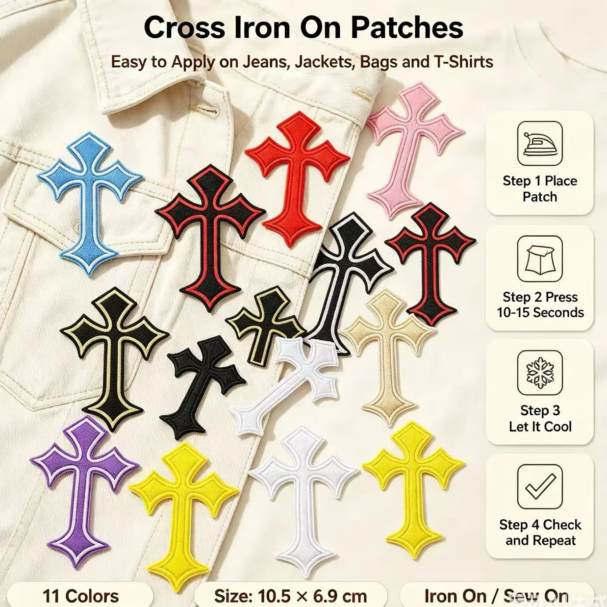 Cross Pattern Iron-On Embroidery Patch - Fun Design - Easy to sew or iron, durable fabric patch, suitable for personalizing jackets, bags, DIY crafts, and more