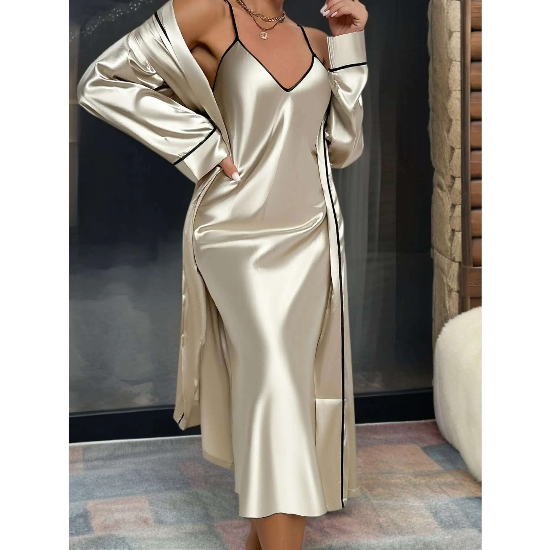 Women’s Satin 2 Piece Pajama Set, V Neck Nightgown & Long Robe with Belt, Luxury Sleepwear Lounge Set, Soft Silk-Like Loungewear for Women, Polyester, Nightwear, Fabric, Solid, Silky, Aesthetic, Chic Adjustable Bridal, Smooth, Everyday