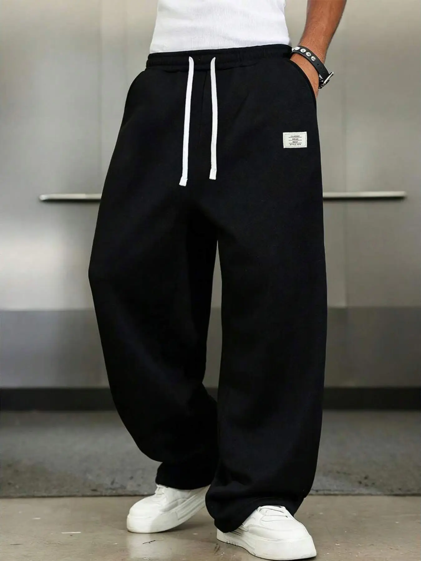 Men's Baggy Sweatpants, Elastic Waist Drawstring, Casual Fashion Sweatpants, Casual Loose Fit Trousers, Streetwear Jogger Pants with Pockets, Solid Pattern