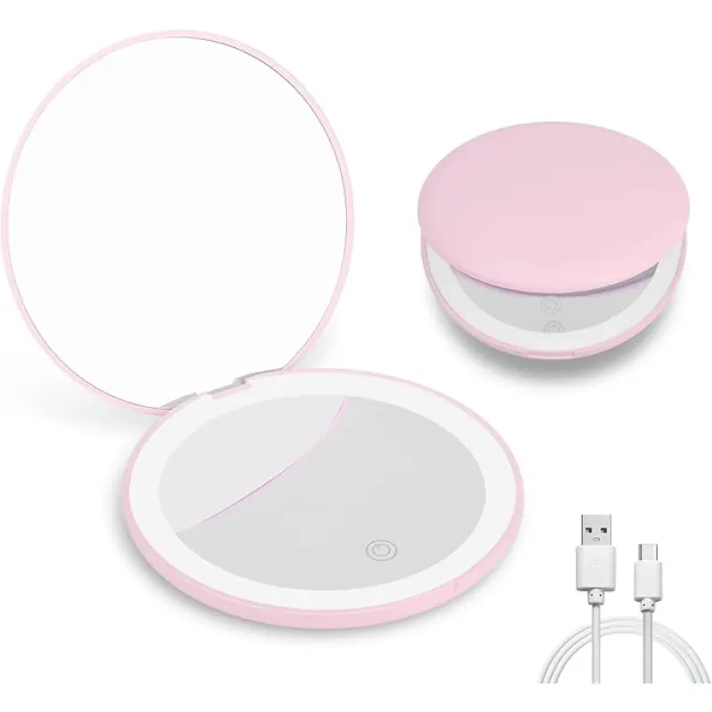 Travel Mirror with Light, 1x/2x Magnifying Mirror with Light Perfect Wife Birthday Gift Ideas, 3.5 Inches 2 Side - [huazhuangjing_pink]-huazhuangjing_pink