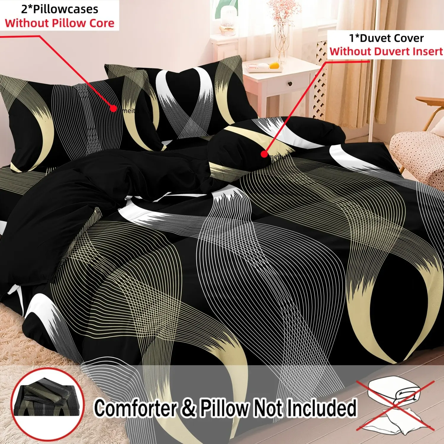 3pcs Set Black Gold White Geometric Print Decorative Duvet Cover Set Patterned Bedding Set Suitable For Bedroom Hotel Inn School Dormitory Can Be Used As Holiday Gifts Modern Bedding Set (1*Duvet Cover + 2 Pillowcases, No Comforter, No Pillow)
