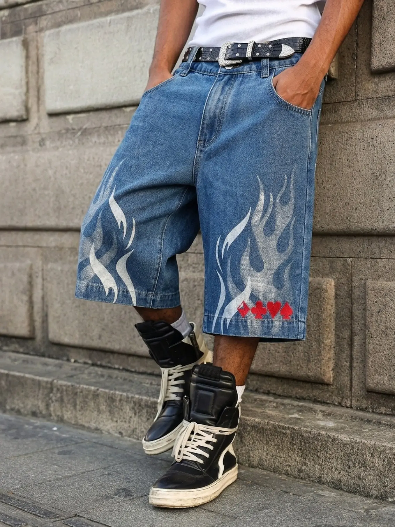 Men's Jeans with Flame English Pattern Print, Casual Street Style, Loose-Fitting Below the Knee, All Seasons Daily Wear