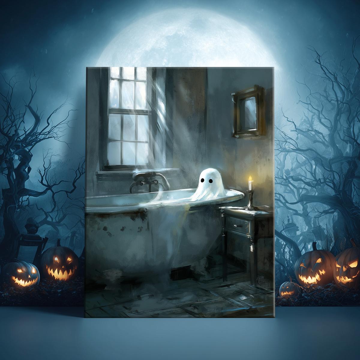 Ghost in The Bathtub Pattern Canvas Painting Framed, 1 Count Halloween Themed Modern Wall Art Painting, Wall Art Decor for Home Living Room Bedroom Office