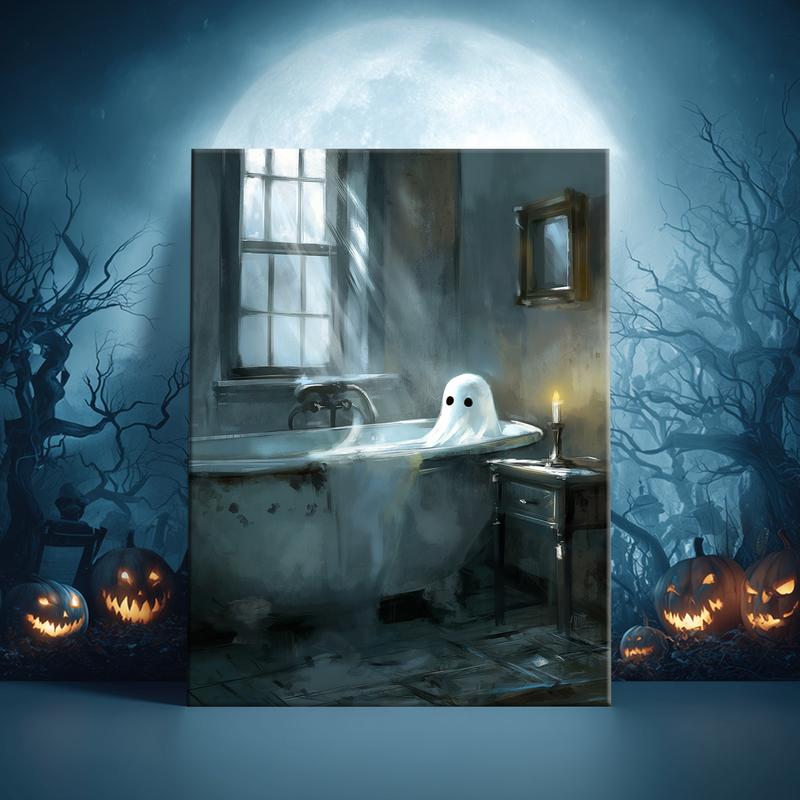 Ghost in The Bathtub Pattern Canvas Painting Framed, 1 Count Halloween Themed Modern Wall Art Painting, Wall Art Decor for Home Living Room Bedroom Office