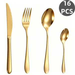 16Pcs Luxury Aesthetic Gold Stainless Steel Cutlery Set, Mirror Polished Classic Teardrop Handle Flatware Silverware, Rustproof Dishwasher Safe, Ideal for Home Kitchen, Dinner Parties, Wedding & Holiday Gifts