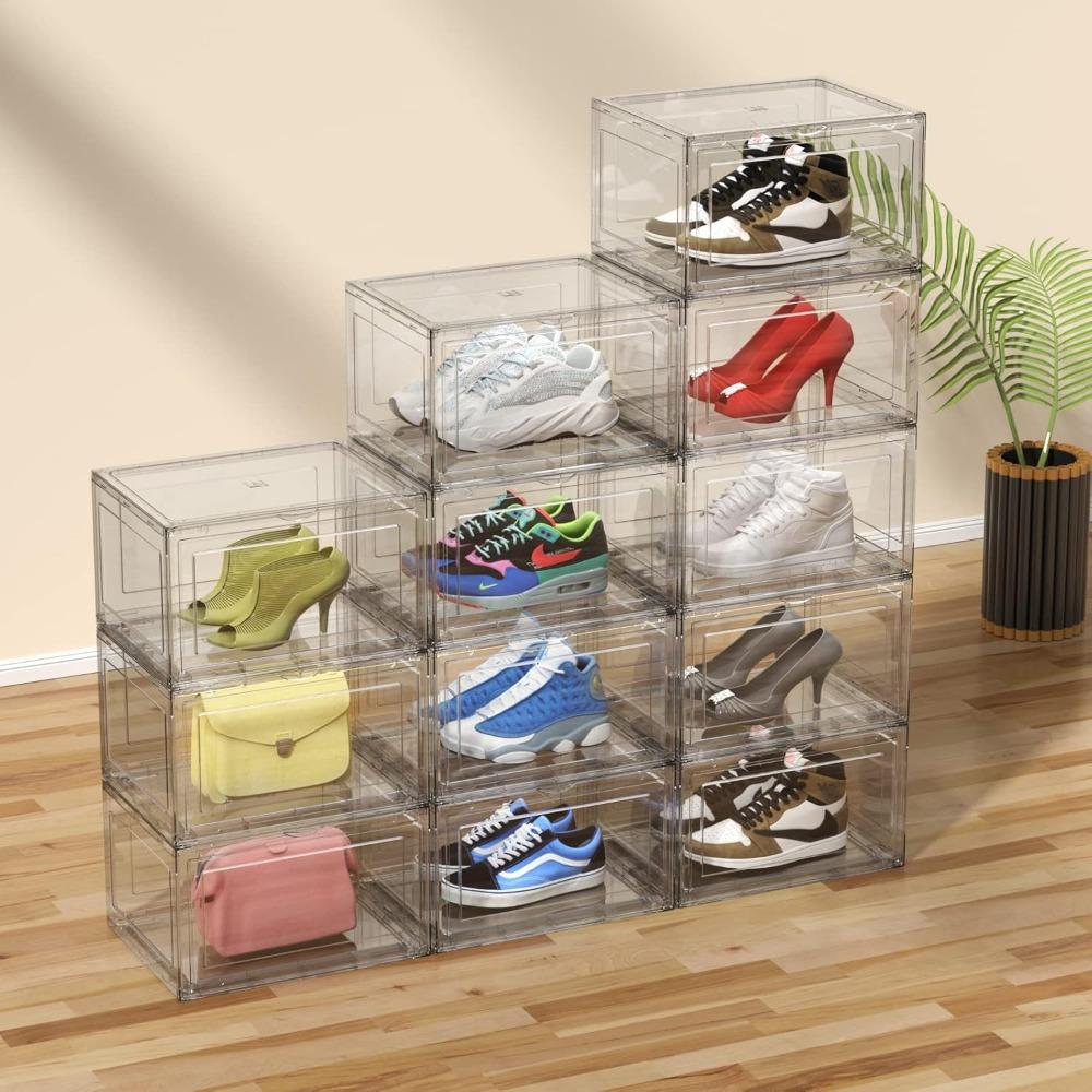 12 Packs Acrylic Shoe Boxes, Clear Plastic Stackable Acrylic Sneaker Boxes, Display Case for Sneaker Fits Up to US Size 15 Organiser Transparent