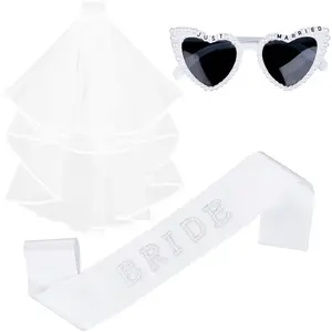Just Married Accessory Set with Pearl Heart Sunglasses Pearl Bride Sash Tulle Veil for Bridal Wedding Bachelorette Party Favors