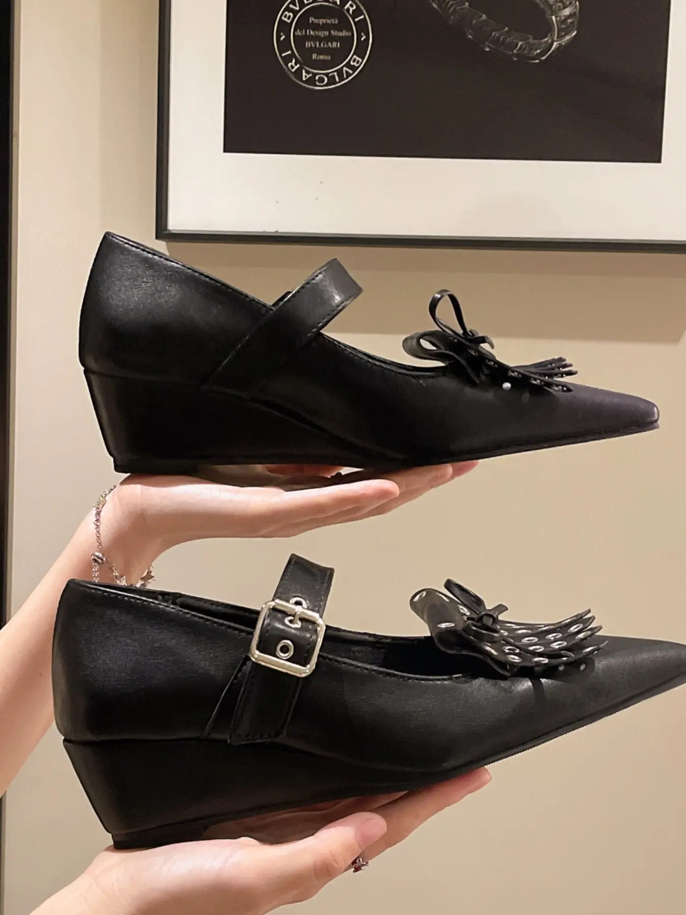 Women's Comfortable Plus Size Heeled Shoes, Pointed Toe High Heels, Buckle Strap, Rivet Detail, Wedge Sole, Slip-On Design