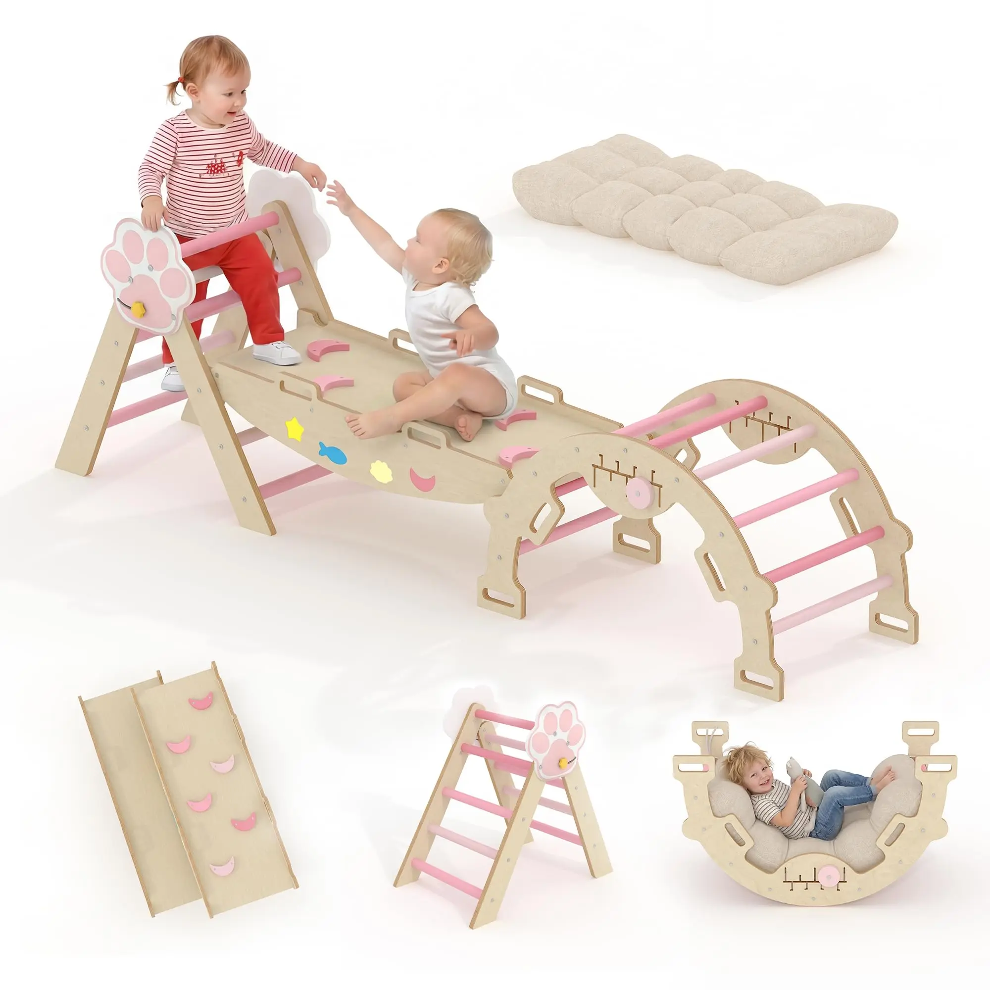 Montessori Wooden 3 in 1 Pikler Triangle Climbing Set Indoor Play Gym Slide Ramp Ladder Balance Toy for Toddler Playroom Nursery Home Activity Rainbow Color