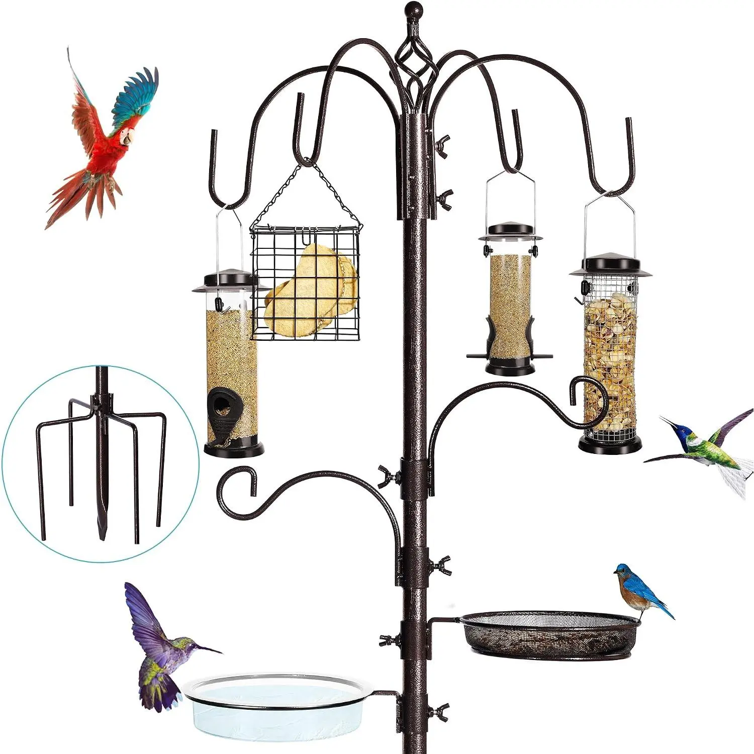 6-Hook Bird Feeding Station Kit, Wild Bird Feeder Stand with Pole, Multi-Feeder Stand Includes 4 Feeders, Bird Bath and Mesh Tray, 94 Inch