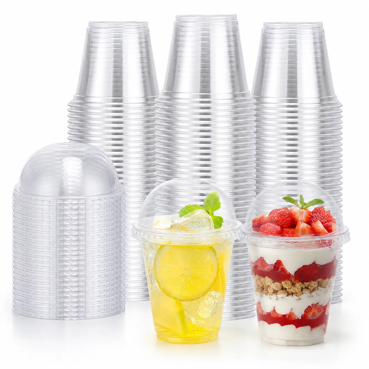 100-Pack 9oz Polyethylene Disposable Dessert Cups with No-Hole Dome Lids, Set for Parfait, Pudding & Party Snacks