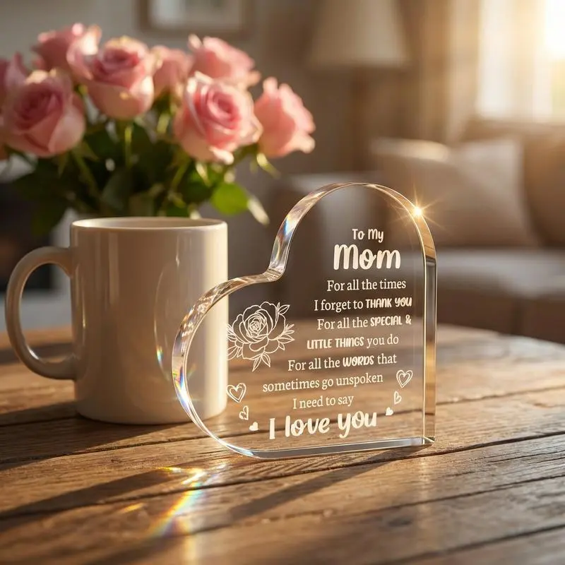 Transparent Heart-Shaped Acrylic Signage Plaque, Laser-Engraved Flower-Letter Pattern & Quote, Premium Keepsake, Inspirational Mom Birthday Gift, Home Decor Ornament, Heart Plaque