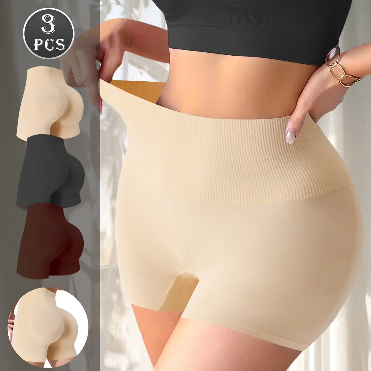 QUASTI Women’s 3-Pack Nylon Blend Seamless Knit High Waist Shaping Shorts, Tummy Control Tummy Lift Butt Lifter, No Show Compression Plus Size Underwear (1XL-5XL)