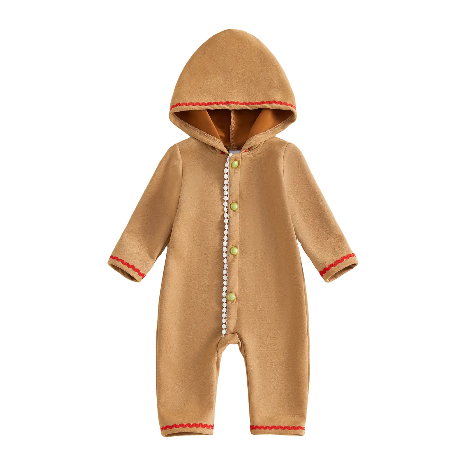 Babamoon Toddler Baby Gingerbread Man Costume - Hooded Long-Sleeve Romper Jumpsuit with Buttons, Ric-Rac Trim, Unisex