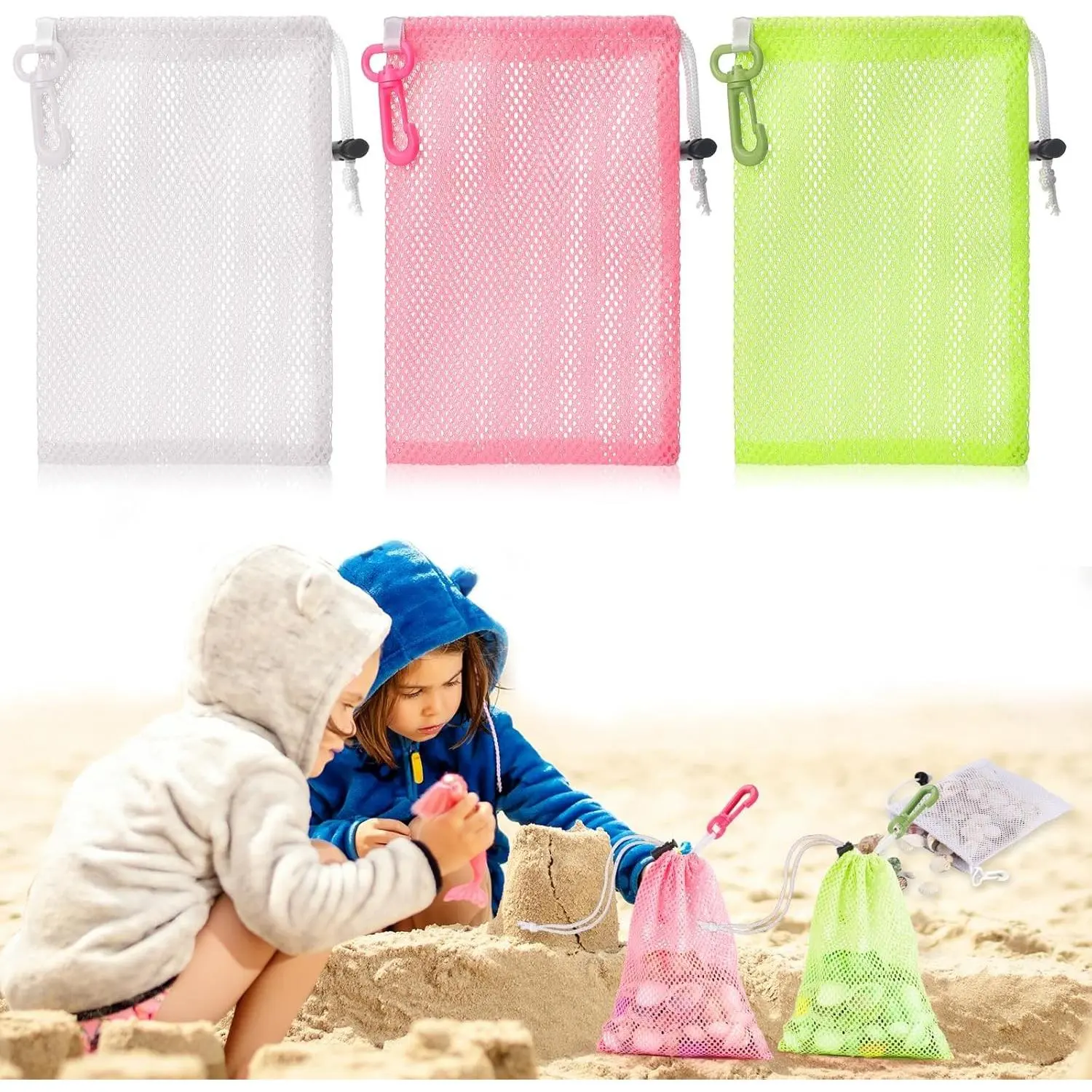3 Pcs Mesh Beach Bags For Kids 5.9 x 8.3 Inch Shell Collecting Bag Seashell Bags With Clip And Toggle Closure Beach Vacation Essentials For Beach And Box Toy Bag With Toddler（Not Included Toys）