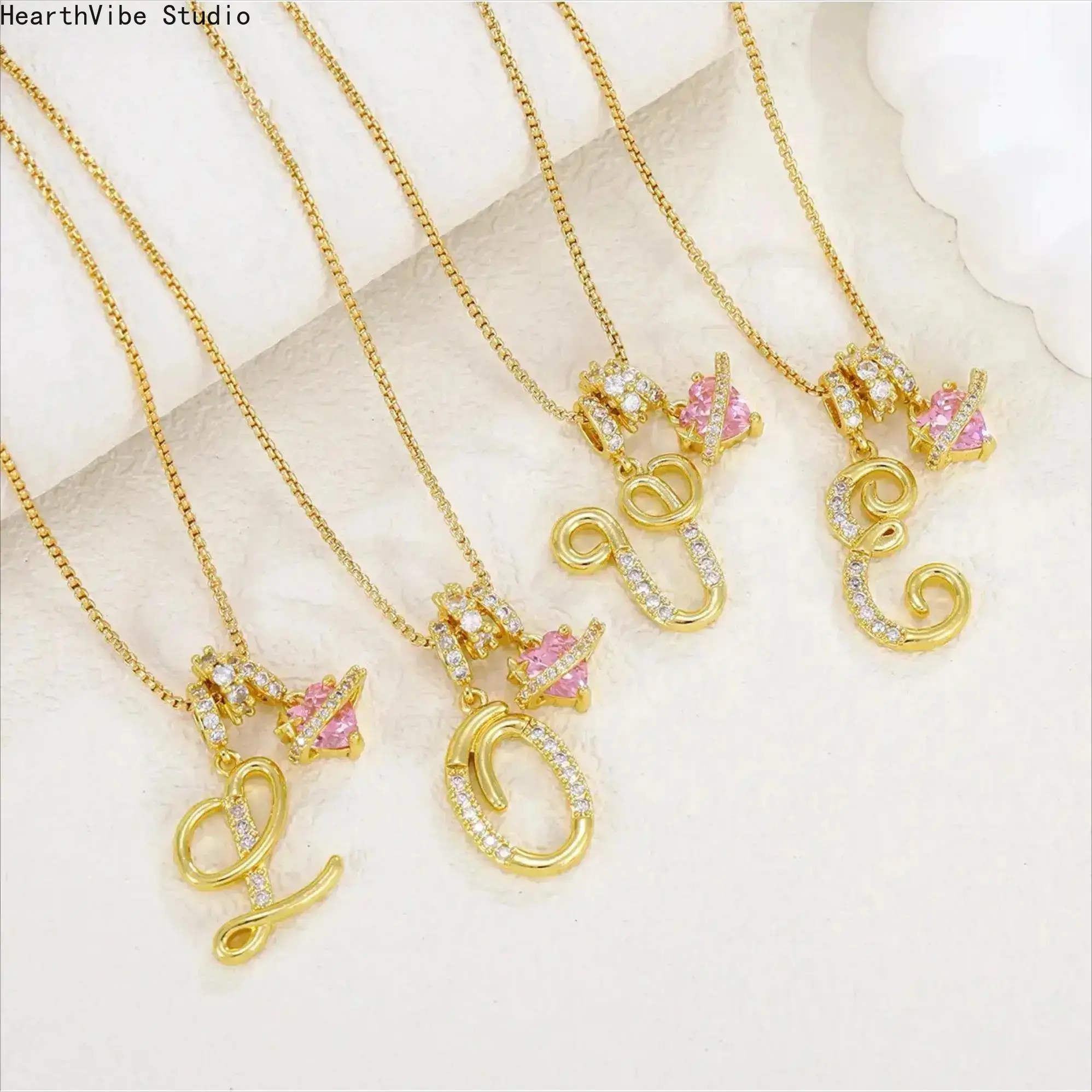 Gold Plated Initial Heart Necklace for Women, Pink CZ Letter Pendant Necklace, Dainty Y2K Aesthetic Jewelry for Daily Wear, Vacation, Date Night, Streetwear and Birthday Gift for Her