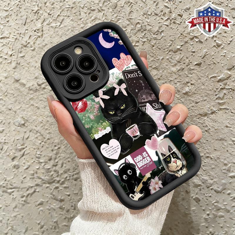 Cute Funny Black Cat Aesthetic Collage Pattern Case for iPhone 17 Pro Max 16 15 14 13 12 11 XR XS Plus Air Slim Shockproof Anti Drop Protective Lightweight TPU Cover