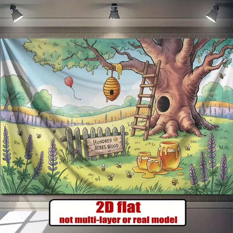 2D Flat Enchanted Hundred Acre Wood Banner | Whimsical Forest Tree & Honeycomb Storybook Backdrop | Single-Sided Polyester | Metal Grommets for Easy Hanging | Perfect for Kids' Birthday Parties, Baby Showers, Nursery Decor, Storybook Events & Photo Booths