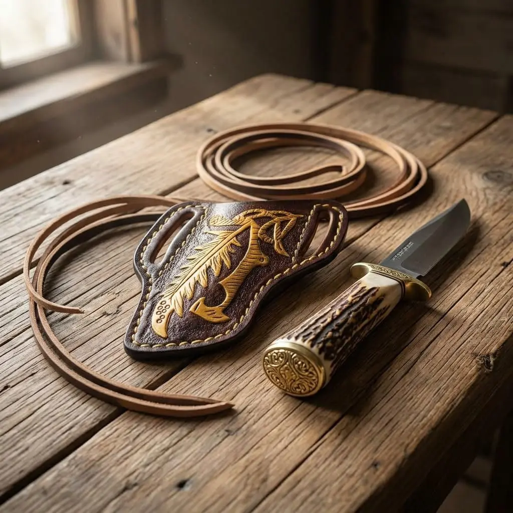 Handmade Leather Knife Sheath Belt & Neck Carry with Lanyard, Italian Cowhide Pancake Holster Basket Weave Tooling, Fits Folding Knives 3.5"– 4.5" Closed Length, Fixed Blade EDC Hunting Outdoor (BROWN Feather Lizard)