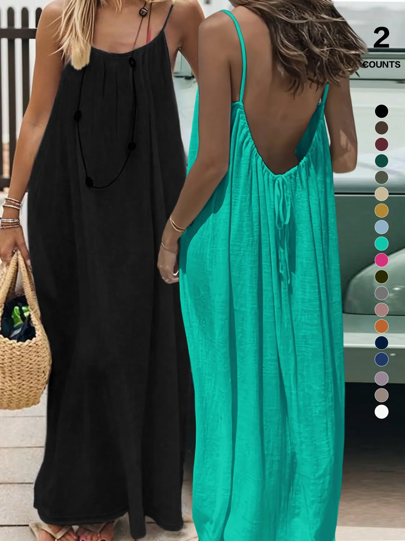 2 Counts Multi Color Women Scoop Neck Backless Maxi Dress, Adjustable Drawstring, Slim Fit, Fall Casual Style, Plain Pattern, Unlined Design