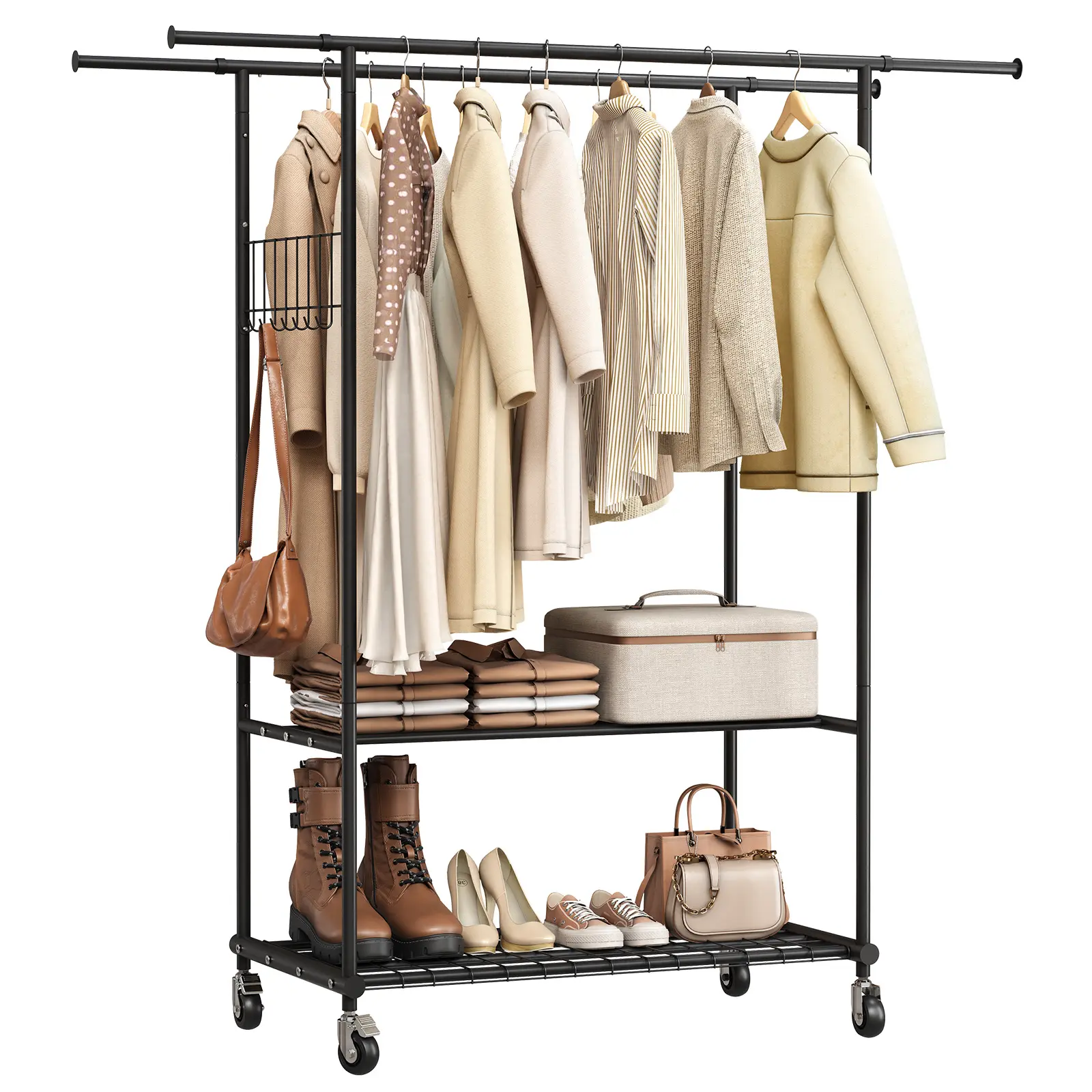 Double Rod Clothes Rack with Wheels - Adjustable Portable Metal Garment Organizer with Shelves - Rolling Clothing Storage