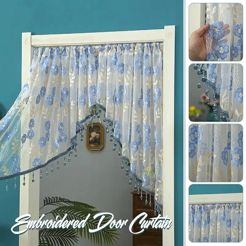 2-Piece Tassel Bead Embroidery Polyester Fabric Sheer Valance - Beaded Curtain for Living Room Home Decor Hanging Door Supplies, 2 Pcs Set Short Curtain, Two Piece Set