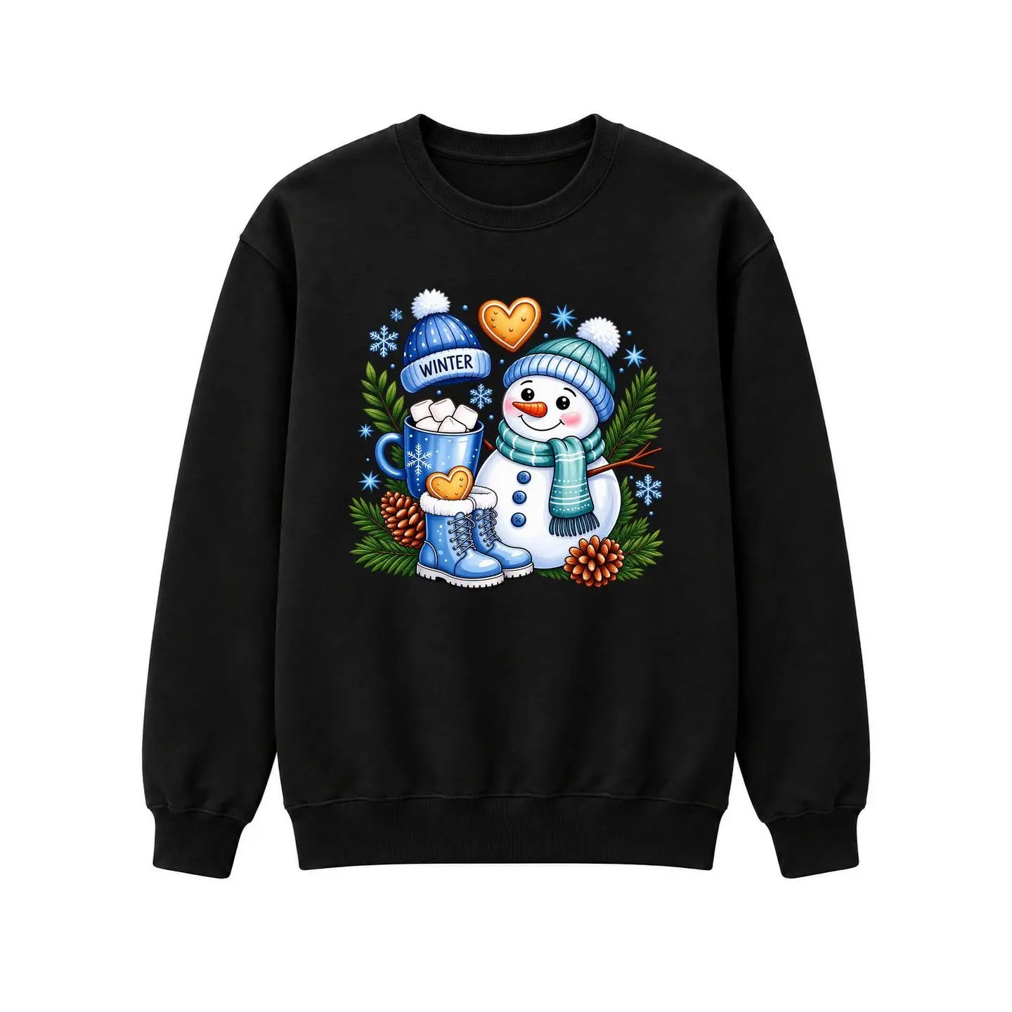 Winter Snowman Cocoa Boots Graphic T-Shirt or Crewneck Sweatshirt, Black or White Unisex Short Sleeve Tee or Pullover for Christmas Outfits