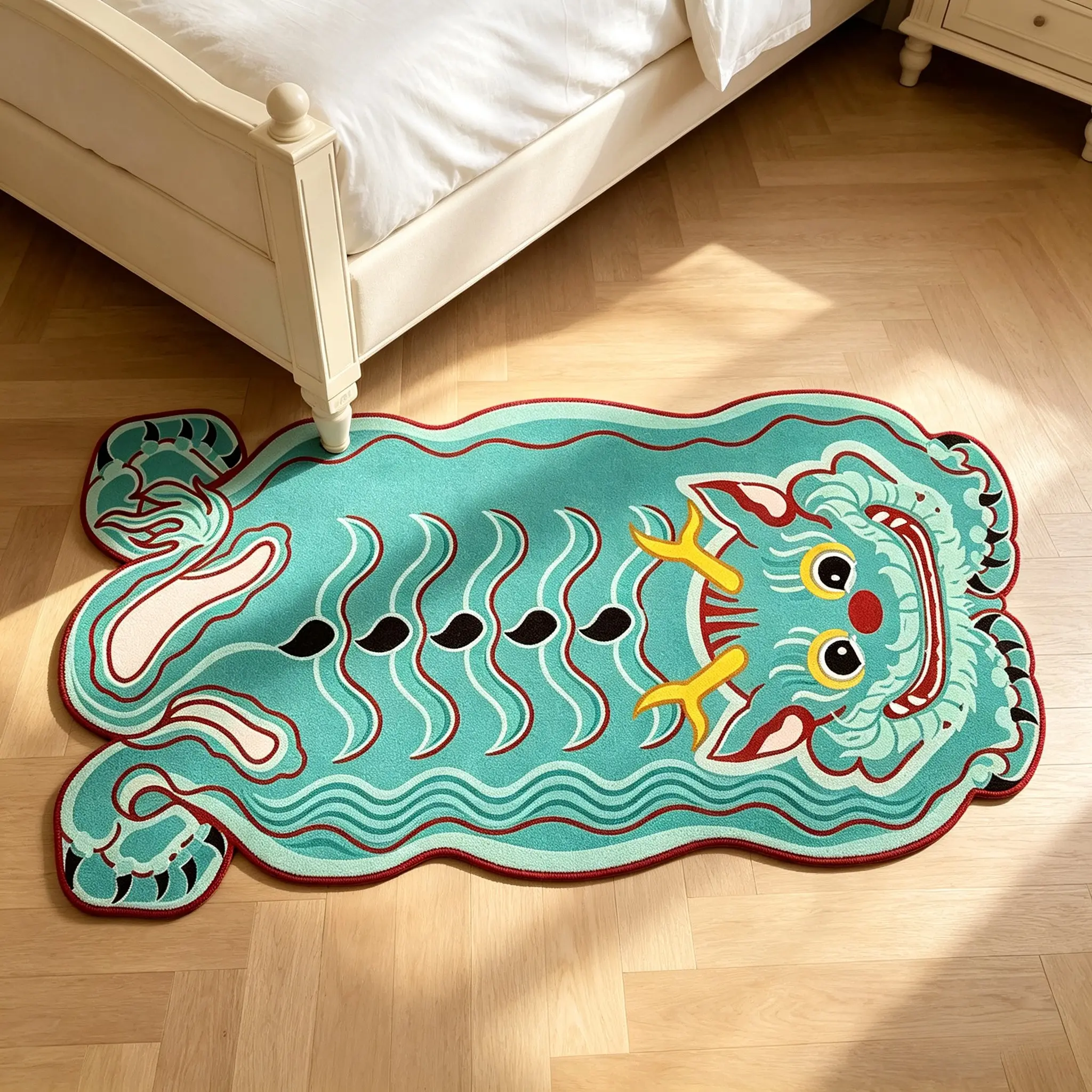 American Retro Cartoon Blue Dragon Pattern Living Room Rug, Fashion Street Style Creative Design, Non-Slip, Easy Clean