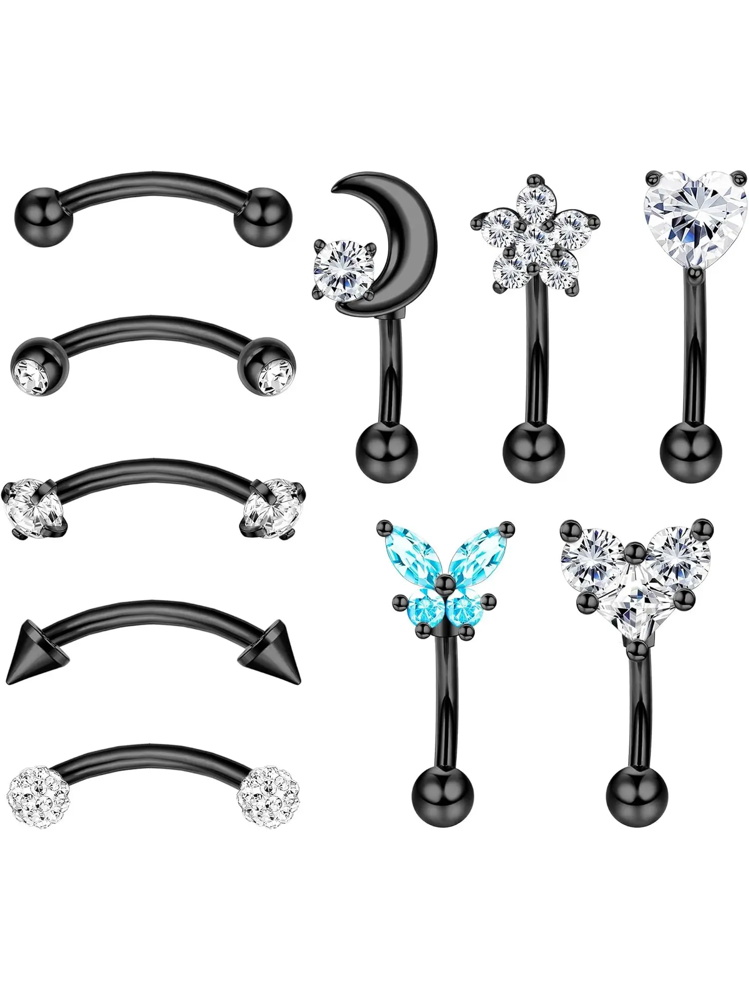 10Pcs 16G Curved Barbell Piercing Jewelry, Stainless Steel CZ Rook Daith Eyebrow Lip Belly Rings, Cartilage Tragus Earrings for Women, 6-8mm