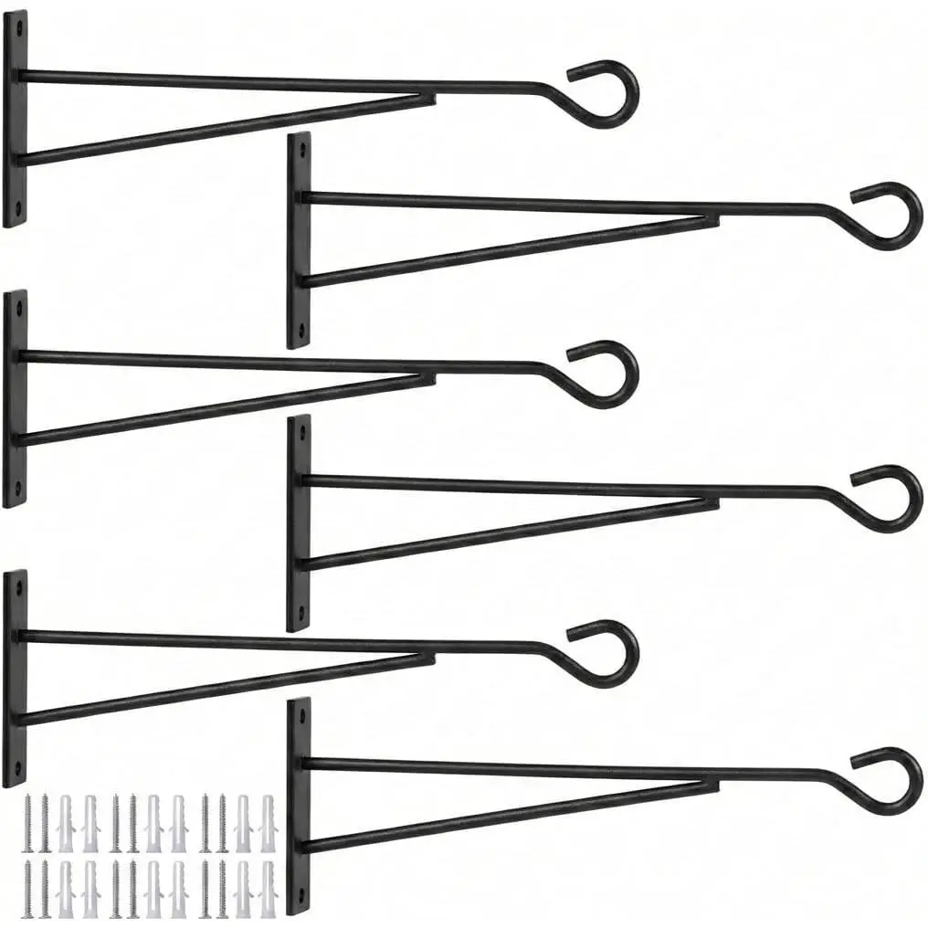 8" Hanging Plant Hooks (6 Pack), Rust-Proof Metal Wall Brackets for Vertical Garden, Sturdy Plant Hangers for Outdoor Fence, Bird Feeders, Lanterns & Wind Chimes, Black Minimalist Decor