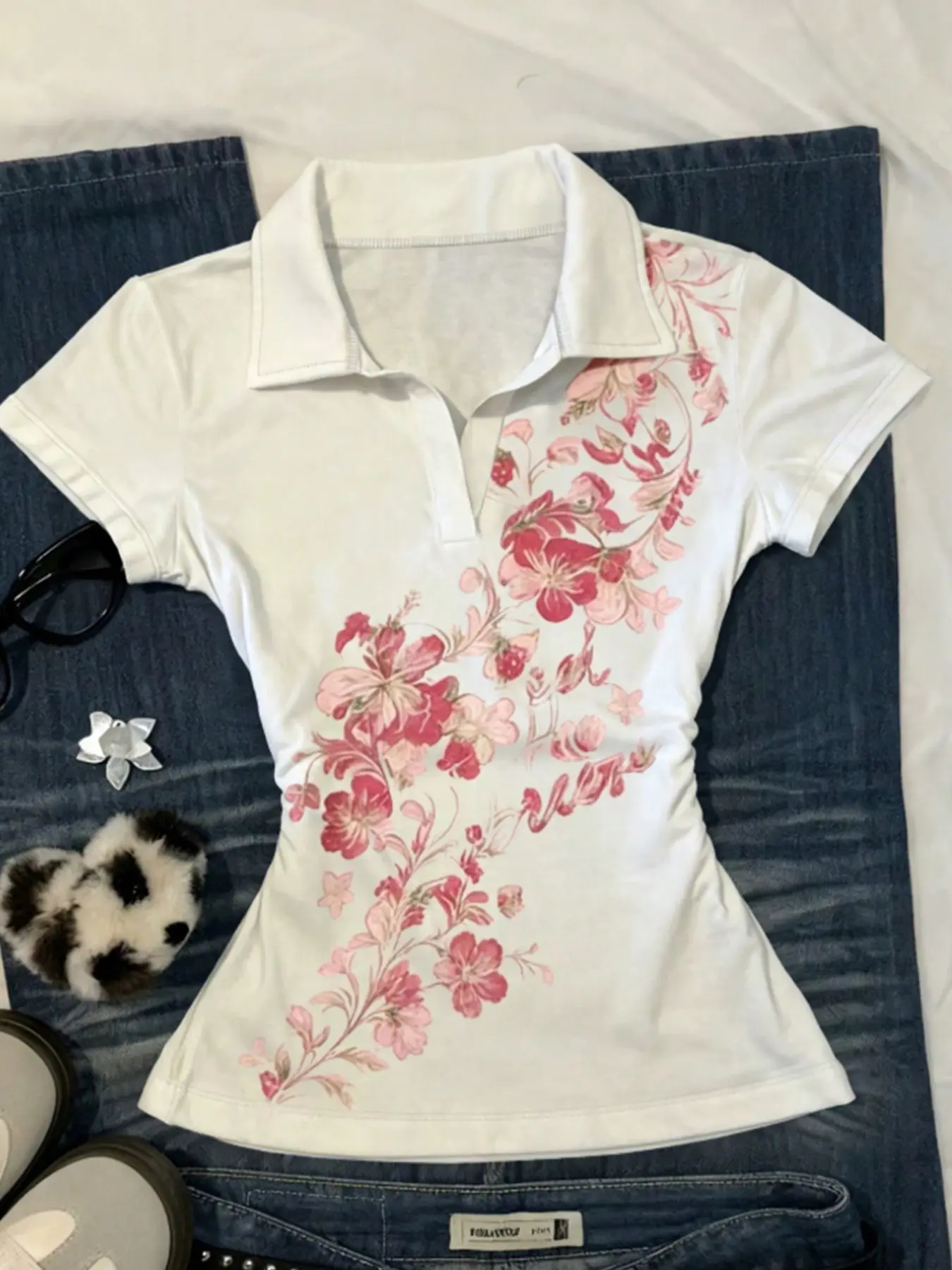 Women's Slim Fit Collar Polo Shirt, Small V Half Open Front, Gradient Floral Print, Elastic Fabric, All Seasons, Casual Wear