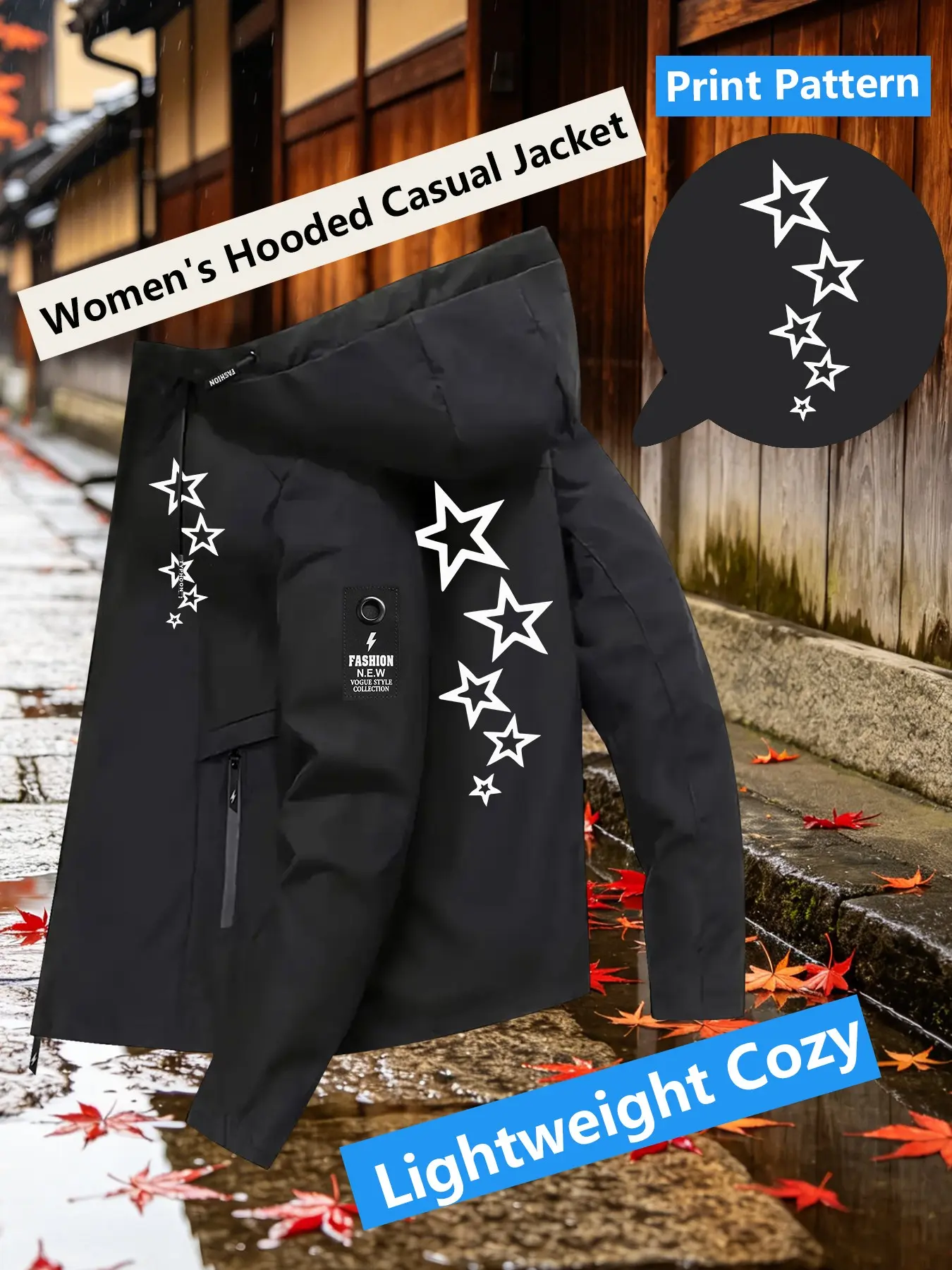 Women's Light Blue Hooded Windbreaker Jacket Double sided Gradient Hollow Star Print Jacket Two Color Options Hooded Loose All Season Warm Jacket Ideal for Daily Commute Hiking Climbing Wear Skin Friendly Breathable Machine Washable Plussize