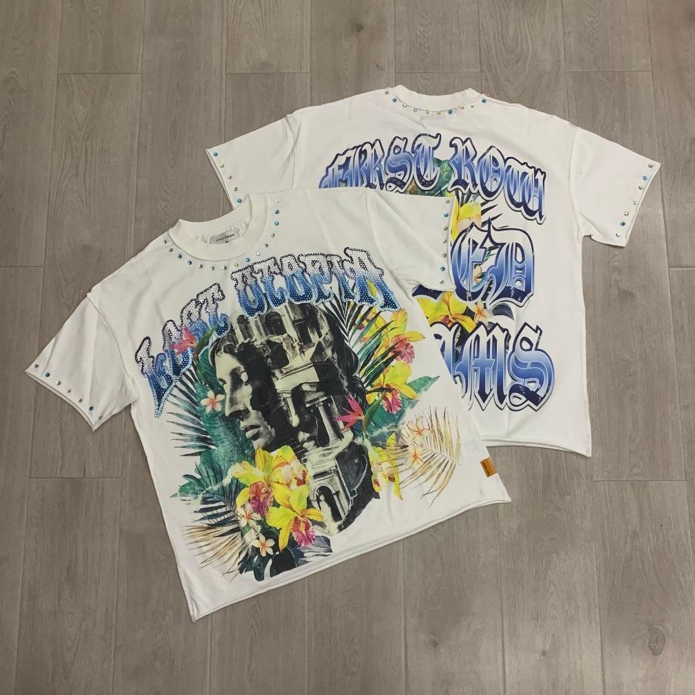 First Row Streetwear Vintage Washed Diamond Rhinestone Cropped Tee Y2K Retro Hip Hop Bling Shiny Graphic Oversized Loose Fit Crew Neck Short Sleeve Pure Cotton Viral Trendy Casual Daily Couple Matching Summer Streetwear Must Have Top For Men Unisex